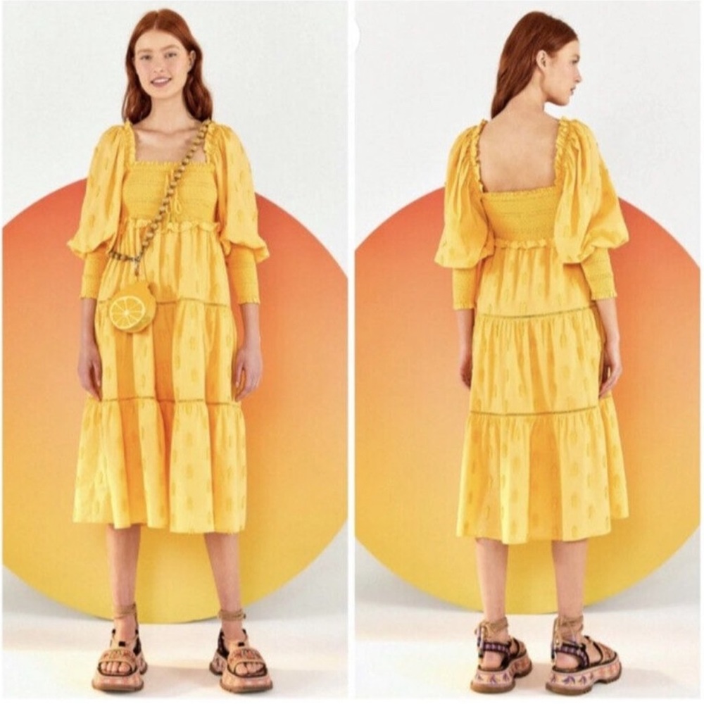 FARM RIO Yellow 3D Pineapple Tiered Midi Dress